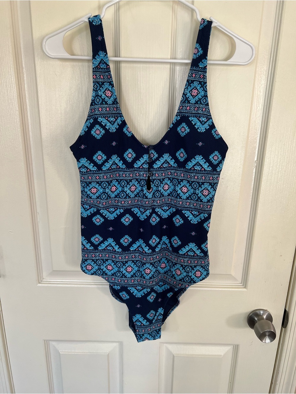 Aerie Blue Boho Print Textured One Piece Swimsuit Large Full Coverage